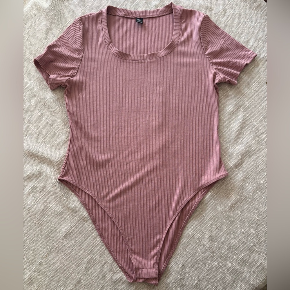 SHEIN Pink Ribbed Scoop Neck Bodysuit Short Sleeve Stretch Size 1X